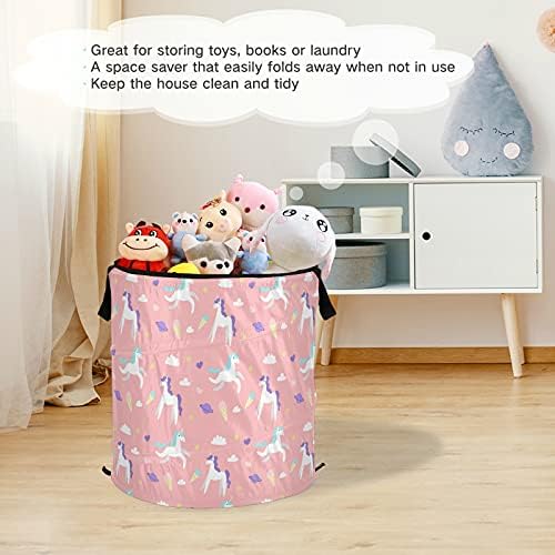 Unicorn Pink Pop Up Laundry Horty com tampa de cesta de armazenamento dobrável Bolsa de roupa