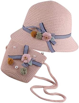 Ameosfun Kids Casual Strawhat e Bag Wide- Chapéu de praia Brim Round Top Sun Hats for Girls Pink, Hat+ Bag Party