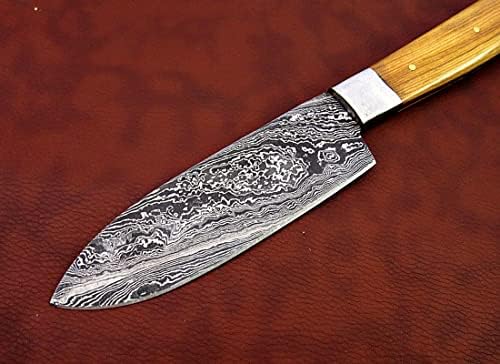 Damasco Steel Blade Kitchen Santoku Knife, escala natural de madeira de Kow, 10,5 polegadas de comprimento