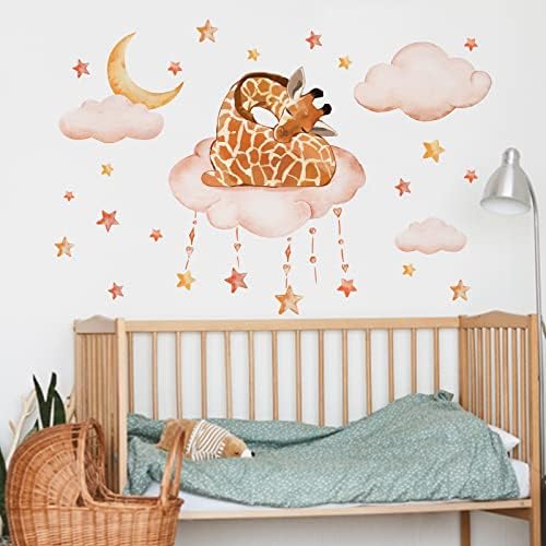 Mfault bebê girafa sono decalques de parede adesivos, aquarela lua estrela nuvem garotas meninas decoração
