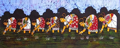 DollSofindia Village Mulheres semeando arroz - 17,5 x 44 polegadas - pintura multicolor Batik no