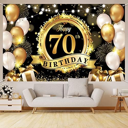 Feliz 70º aniversário decoração de decoração Banner preto ouro extra grande sinal de aniversário Poster