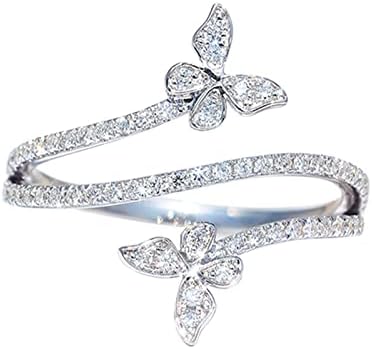 Anel de borboleta otxas para mulheres anel de diamante de borboleta dupla prata para meninas adolescentes