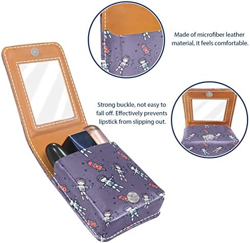 Caixa de batom de viagem de padrão de cosmonaut fofo, mini bolsa cosmética de couro macio com espelho,