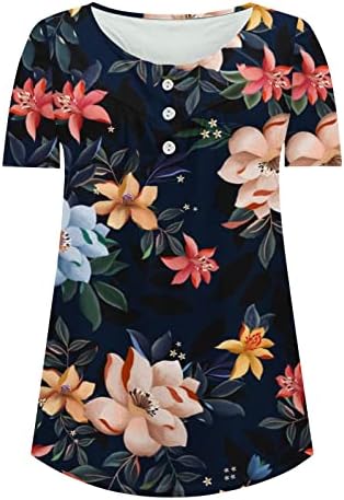 Blusa do lounge para feminino Boat de manga curta Henley pescoço videira floral estampa de túnica