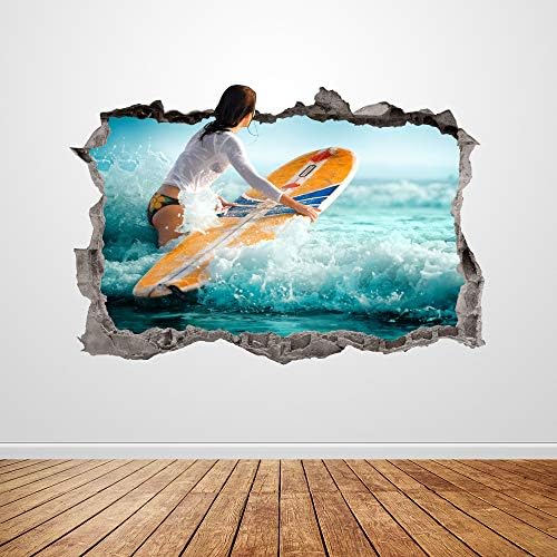 Decalque de parede de surf esmagado em 3d surf girl start sticker arte mural pôster infantil decoração de decoração