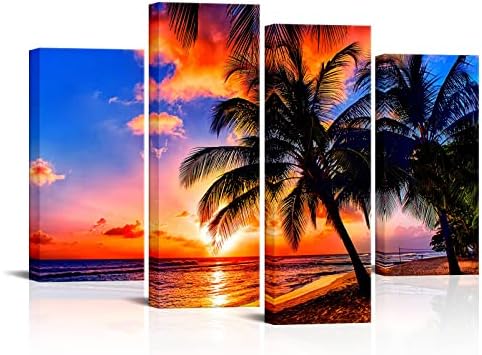 SayPEACHER Abstract Beach Sunset Canvas Arte da parede 4 Peças Tropical Palm Tree Pintura de praia Moderna Havaí