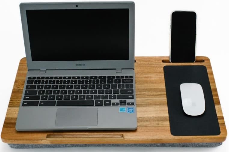 Mesa de volta para laptop - Premium Acacia Wood Laptop Lap Desk com almofada e se encaixa em laptops de até 17