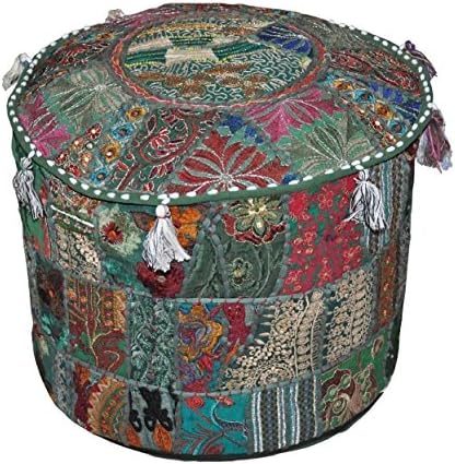 Capa de Pouf de retalhos de retalhos indianos, tampa tradicional de bordados tradicionais de capa de pouf