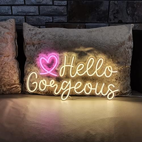 Hello Gorgeous Led Neon Sign 22 x 12 LEITAS BRANCAS QUENTES Pink Heart Heart Beautiful Weding Wall