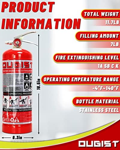 Extintor de incêndio à base de água de 7 lb - Classe A, B, C e K Classificado - Ideal para casa, carro