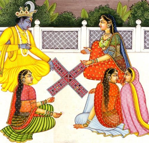 Radha e Krishna jogando o jogo de Chaupara - pintura de cor aquática no papel - Artista: Kailash Raj