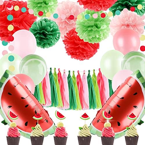 Mols Fonder Mols Decorações de festas de melancia - Papel de papel verde rosa Pom Pom Poms Tassel Garland