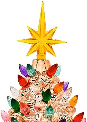 JOIEDOMI 9.25 Árvore de Natal de cerâmica dourada, árvore de Natal Prela de mesa com estrela e lâmpadas