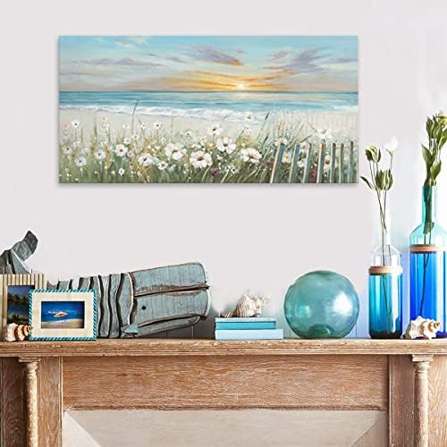 Floral Beach Sunset Wall Art: Relaxing Seascape para sala de estar, pintura costeira colorida
