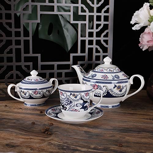 Fanquare 15 peças Blue Vintage Porcelain Tea Conjunto para 6, Tea Party Set for Women, Floral Coffee