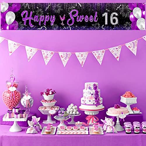 Purple 16th Birthday Decorations Banner for Girls Happy Swee