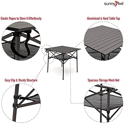 Mesa de acampamento dobrável compacto SunnyFeel, mesas de piquenique de alumínio portátil, rolar
