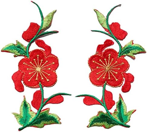 TJLSS 2pcs Flores vermelhas folhas rosas costuram ferro em manchas emblemas bordados para roupas