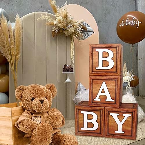 Decorações de chá de bebê caixas de bebê com letras, 4pcs de madeira para chá de bebê blocos marrons
