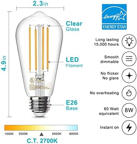 TJOY 6 Pacote de lâmpadas Edison 60W Equivalente + 50 pés Bluetooth LED LED LUZES, Lâmpadas LEDs