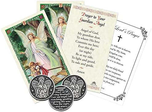Guardian Coin - Com Cartão de Oração do Anjo Católico da Guardião | 3 Pocket Angel Coin Token,