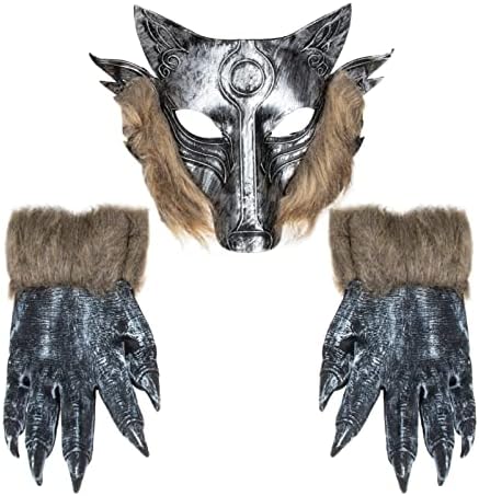 Máscara de cabeça de lobo e garras de penhas de peles abofan máscara de horror de halloween