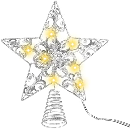 McEast Glitled Christmas Tree Topper com luzes LED 10 polegadas Light Up Star Treetop para decoração