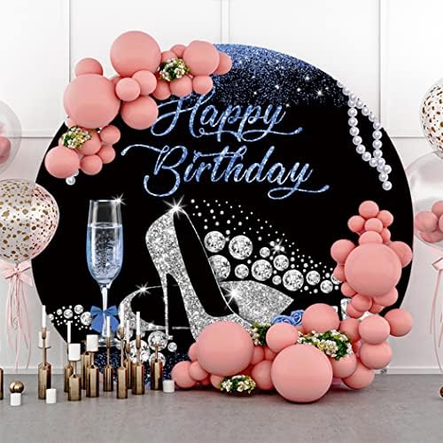 Leyiyi 7.2x7.2ft glitter azul preto feliz aniversário redonda capa de cenário para festa de aniversário