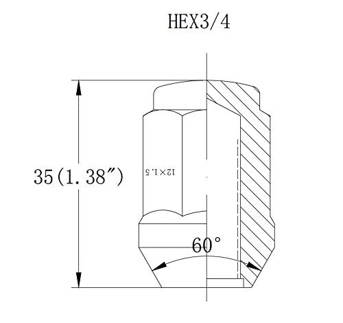 Porcas de monte de roda M14x1.5 - assento cônico 60 graus, 3/4 （19mm) Hex/chave, comprimento total 1,38,