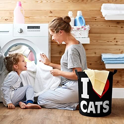 Eu amo gatos e café redondo para lavanderia cesto de armazenamento à prova d'água com tampa e alça de cordão