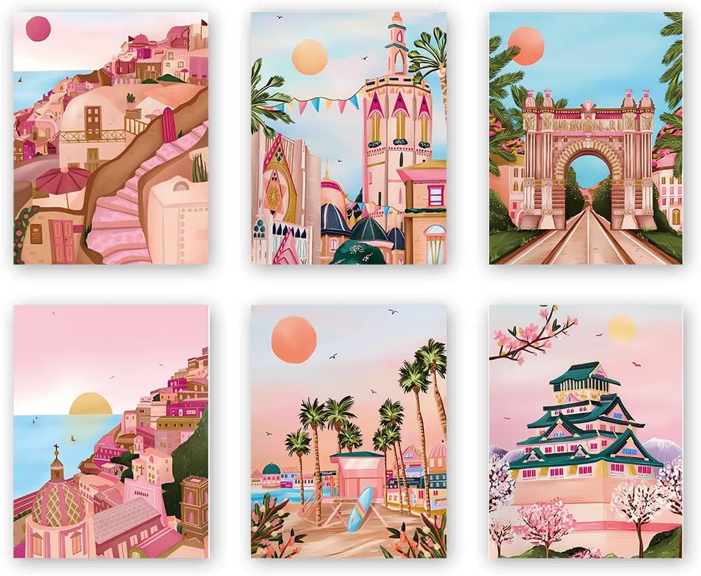 Pôster de viagem qiaoji, arte de parede rosa, pôster da paisagem mundial ， Trendy Cities Art Prints