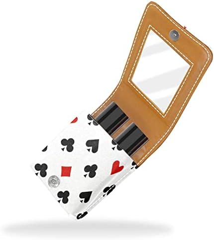 Mini Caso de Lipstick com Mirror for Purse, Poker Hearts and Clubs Pattern Portable Case Holder Organization