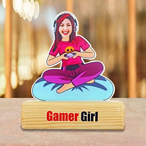 Quirkaboo Photo Photo Presente Gamer Girl Caricature Showpiece com suporte de madeira