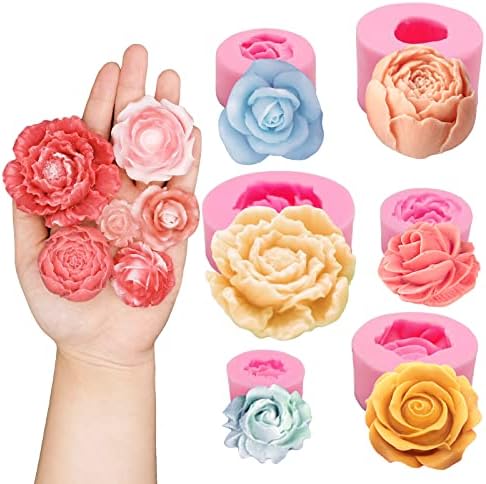 Moldes de fondantes de flores 3D de 6pcs, moldes de silicone rosa para fabricação de sabão de velas, bolos de