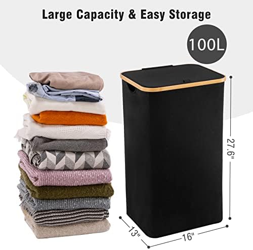 Cesto de lavanderia grande 100L com tampa e bolsa removível da Techmilly, cesta de lavanderia alta com alças