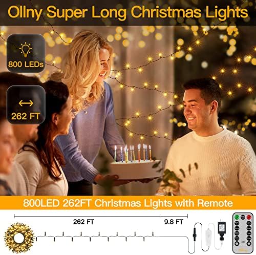 Luzes de corda quente ollny 262ft 800LED, conecte as luzes de Natal com 8 modos e timer, controle