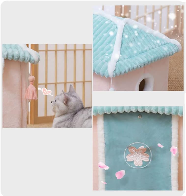 Casa fofa de gato, casa de gato rosa com cortina de porta lamada, caverna de gato/ casa de cachorro fechada,