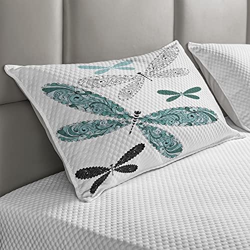 Ambesonne Dragonfly acolchoada na capa de travesseira, renda de inseto ornamental e efeitos de damasco, tampa