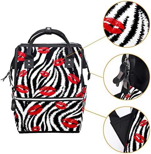 Mochila de viagem Guerotkr, mochila de bolsa de fraldas, mochila de fraldas, lips de zebra pretos Lips Valentine Valentine