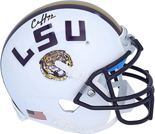Clyde Edwards -Helaire LSU Tigres autografados Schutt White e Gold Mini Capacete - Mini capacetes da faculdade
