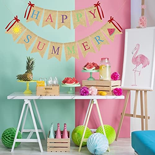 2Pack Feliz verão Banner Banner Decorações de guirlanda rústica com sol e melancia, piscina de churrasco de praia
