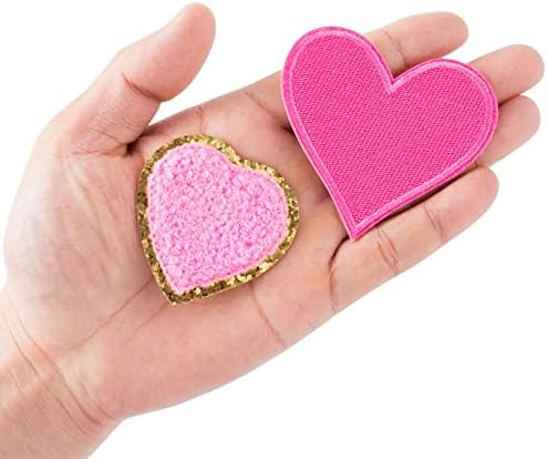 Hinzic 6pcs Ferro de coração rosa em manchas para roupas 2 padrões 2,1x2,1 polegadas Golagem dourada Costura no amor Heart Patches 2,54x2,8 polegadas apliques bordados decorativos para mochilas de jaquetas para jaquetas Mochilas
