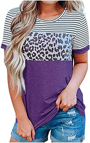 Camiseta de spandex do pescoço de barco amikadom para senhoras de manga curta bloco de leopardo