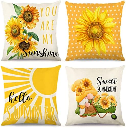 Capas de travesseiros de verão 18x18, girassol gnomos amarela Hello Hello Summer Farmhouse Decorative Pillow Capas