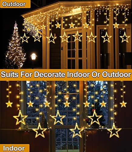 Star Curtain Lights Decoração de Natal, 12 estrelas 138 LED 8 Modos Timer Remoto Remoto Curta de Janela USB