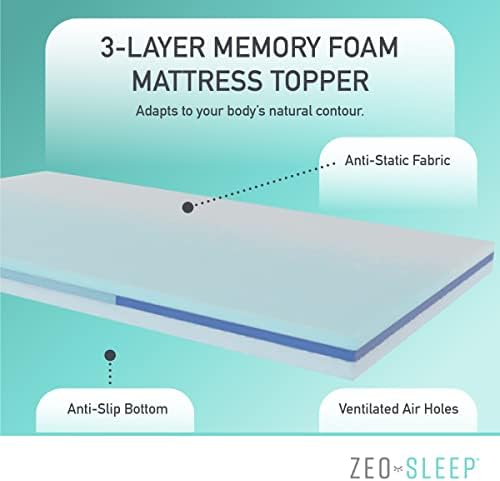 Topper de colchão de 3 polegadas para sono Zeo - Twin XL Tamanho 3 Memória Camada Memória Mattão Topper -