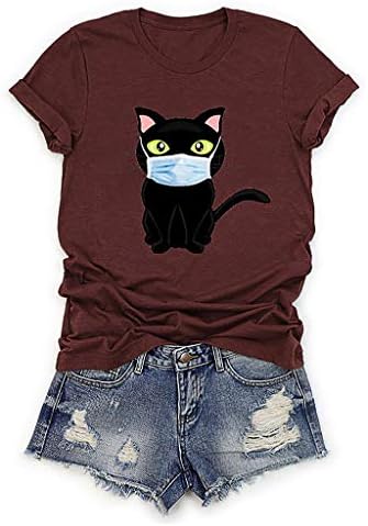 Smallyin Women o pescoço máscara de gato impressa camiseta tops casuais moda curta blusa de manga curta