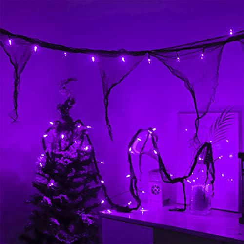 Decorações de Halloween de Malgero luzes roxas com bateria de gaze preta operada 30LED 9,9 pés