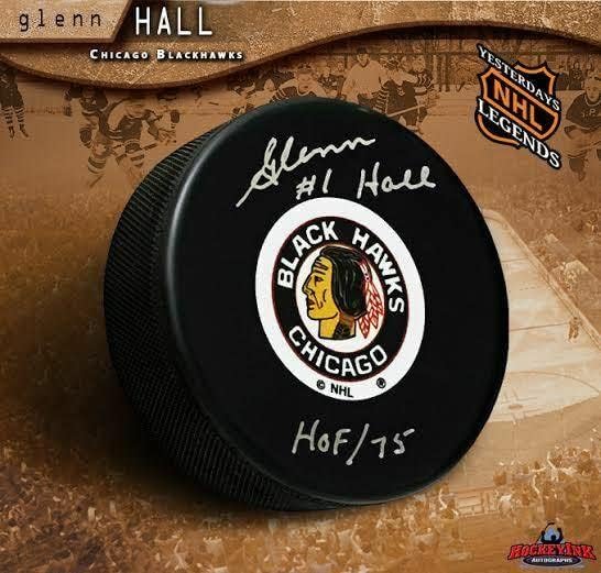 Glenn Hall assinou e inscreveu Chicago Blackhawks Original 6 Logo Puck - Pucks NHL autografados